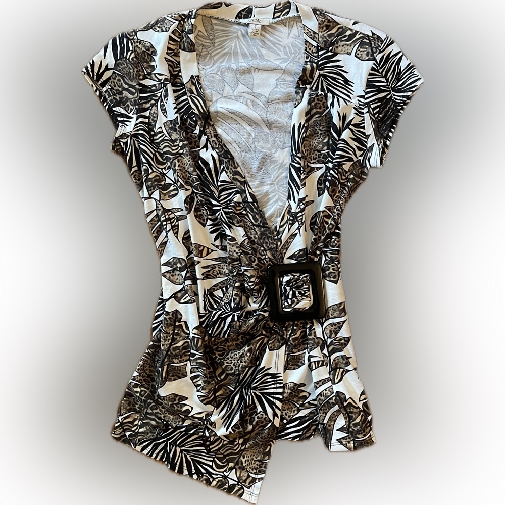 CACHE Black and White Leaf Print Blouse
